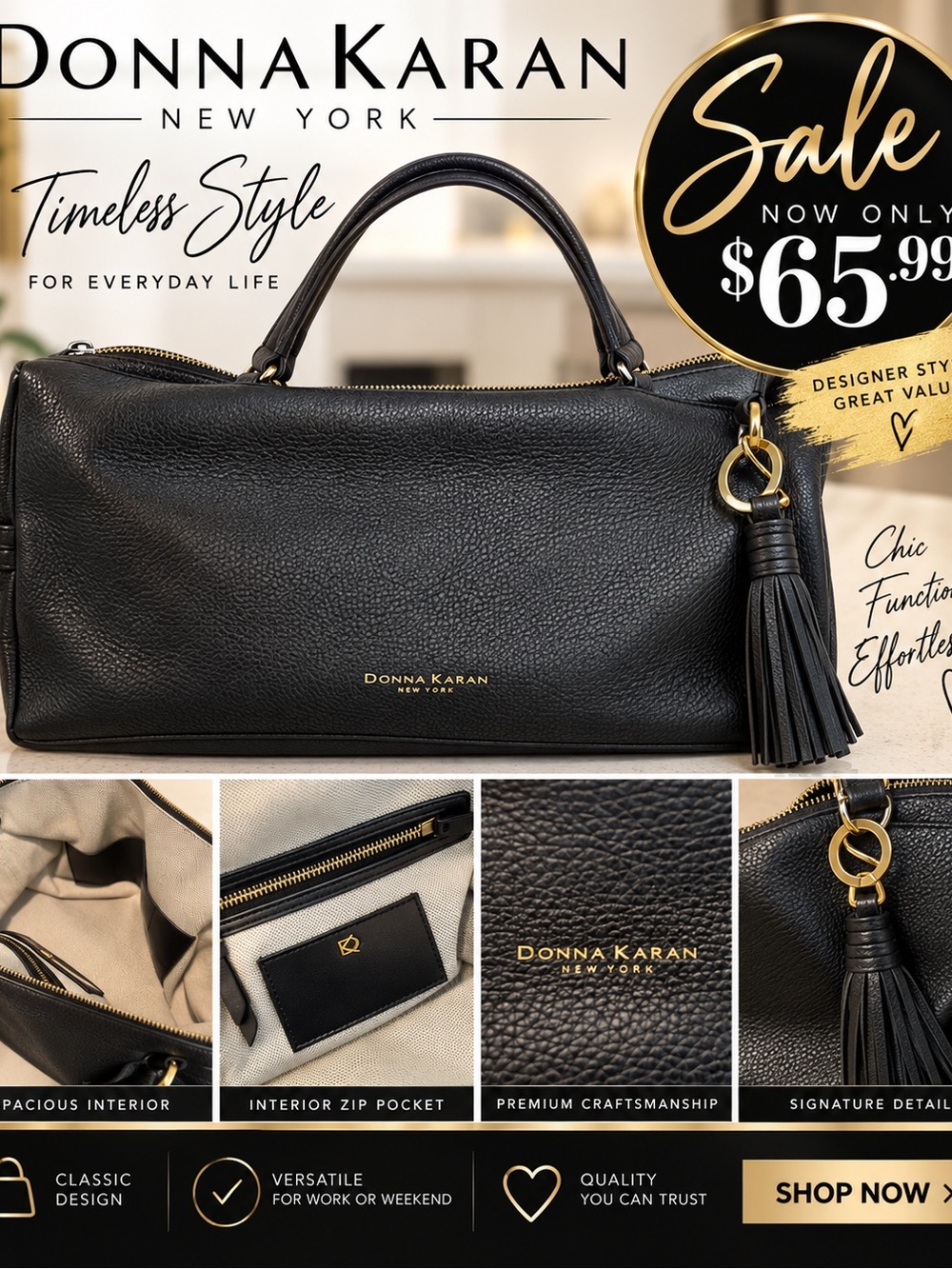 Donna Karan Black Pebbled Leather Satchel with Tassel